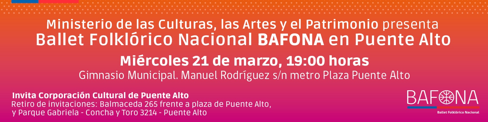 El Ballet Folklórico Nacional BAFONA se presentará en el Gimnasio Municipal de Puente Alto. 